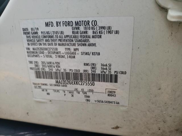 MAJ3S2GEXKC275550 - 2019 FORD ECOSPORT SE WHITE photo 12