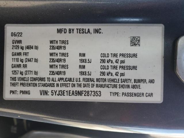 5YJ3E1EA9NF287353 - 2022 TESLA MODEL 3 GRAY photo 12