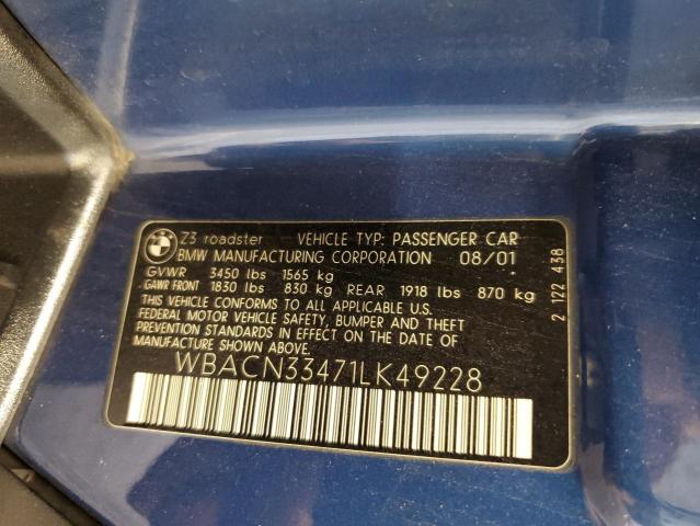 WBACN33471LK49228 - 2001 BMW Z3 2.5 BLUE photo 12