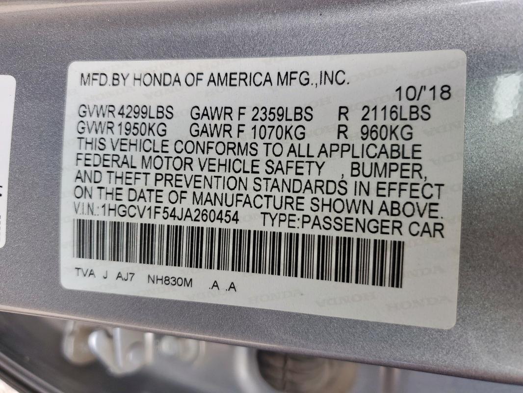 1HGCV1F54JA260454 - 2018 HONDA ACCORD EXL SILVER photo 13