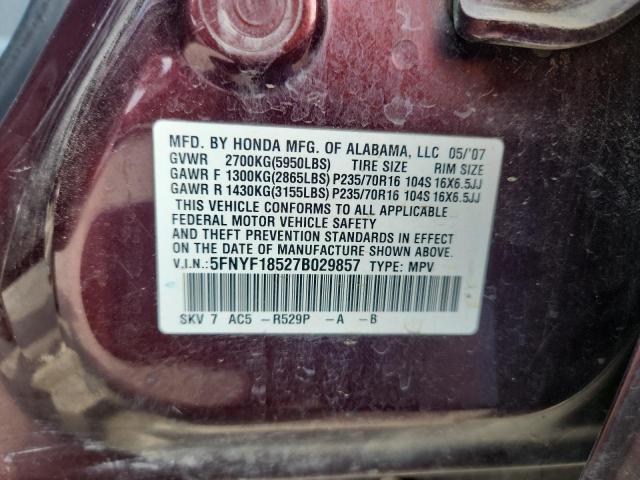 5FNYF18527B029857 - 2007 HONDA PILOT EXL BURGUNDY photo 13
