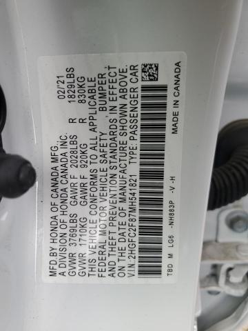 2HGFC2F87MH541821 - 2021 HONDA CIVIC SPORT თეთრი ფოტო 12