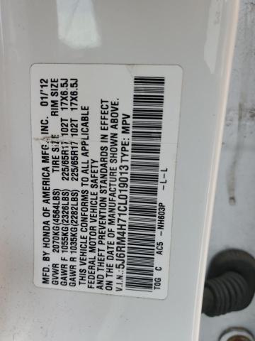 5J6RM4H71CL019013 - 2012 HONDA CR-V EXL WHITE photo 13