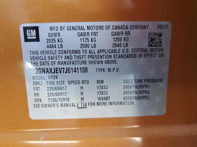 2GNAXJEV7J6141108 - 2018 CHEVROLET EQUINOX LT Turuncu fotoğraf 13