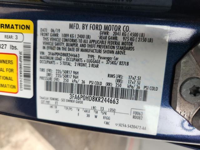 3FA6P0HD8KR244663 - 2019 FORD FUSION SE ლურჯი ფოტო 12