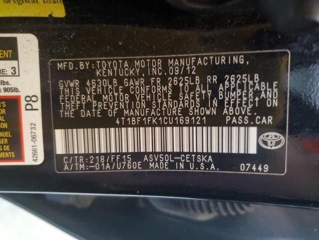 4T1BF1FK1CU169121 - 2012 TOYOTA CAMRY BASE Қара фото 12