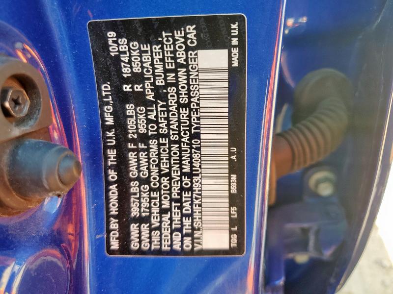 SHHFK7H93LU408710 - 2020 HONDA CIVIC SPORT TOURING 蓝色 照片 12