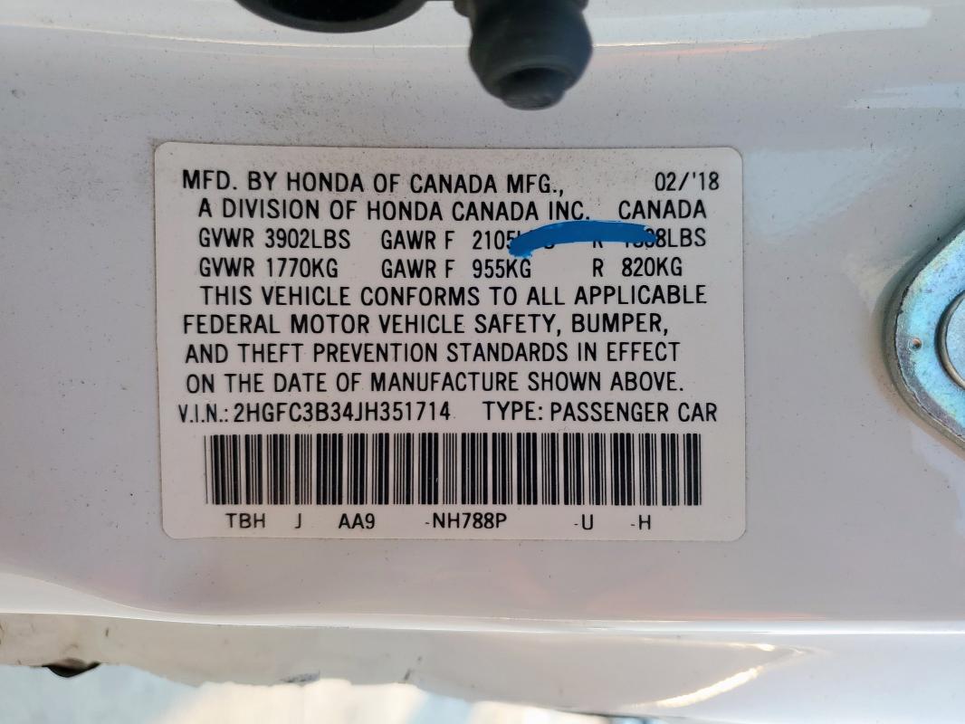 2HGFC3B34JH351714 - 2018 HONDA CIVIC EX თეთრი ფოტო 12