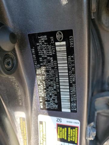 4T1B11HKXKU274993 - 2019 TOYOTA CAMRY L გრაფიტი ფოტო 12