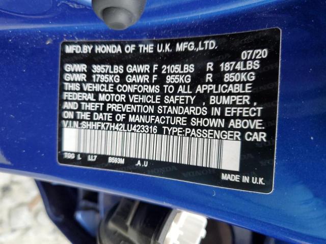 SHHFK7H42LU423316 - 2020 HONDA CIVIC SPORT BLUE photo 13