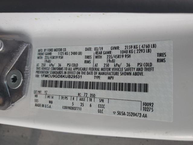 1FMCU9GD8KUB29531 - 2019 FORD ESCAPE SE 白色 照片 13