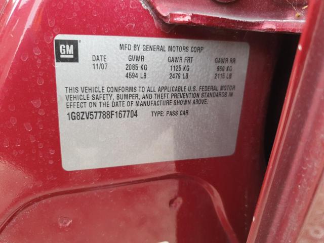 1G8ZV57788F167704 - 2008 SATURN AURA XR Czerwony zdjęcie 12