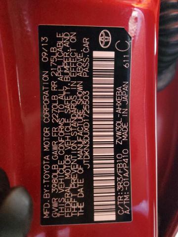 JTDKN3DUXD1725503 - 2013 TOYOTA PRIUS RED photo 12