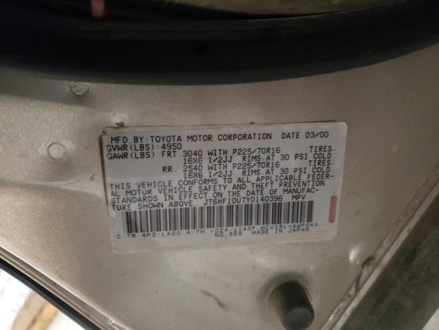 JT6HF10U7Y0140396 - 2000 LEXUS RX 300 TAN photo 13