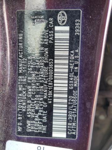 4T1BK1EB7DU003653 - 2013 TOYOTA AVALON BASE 勃艮第红 照片 12