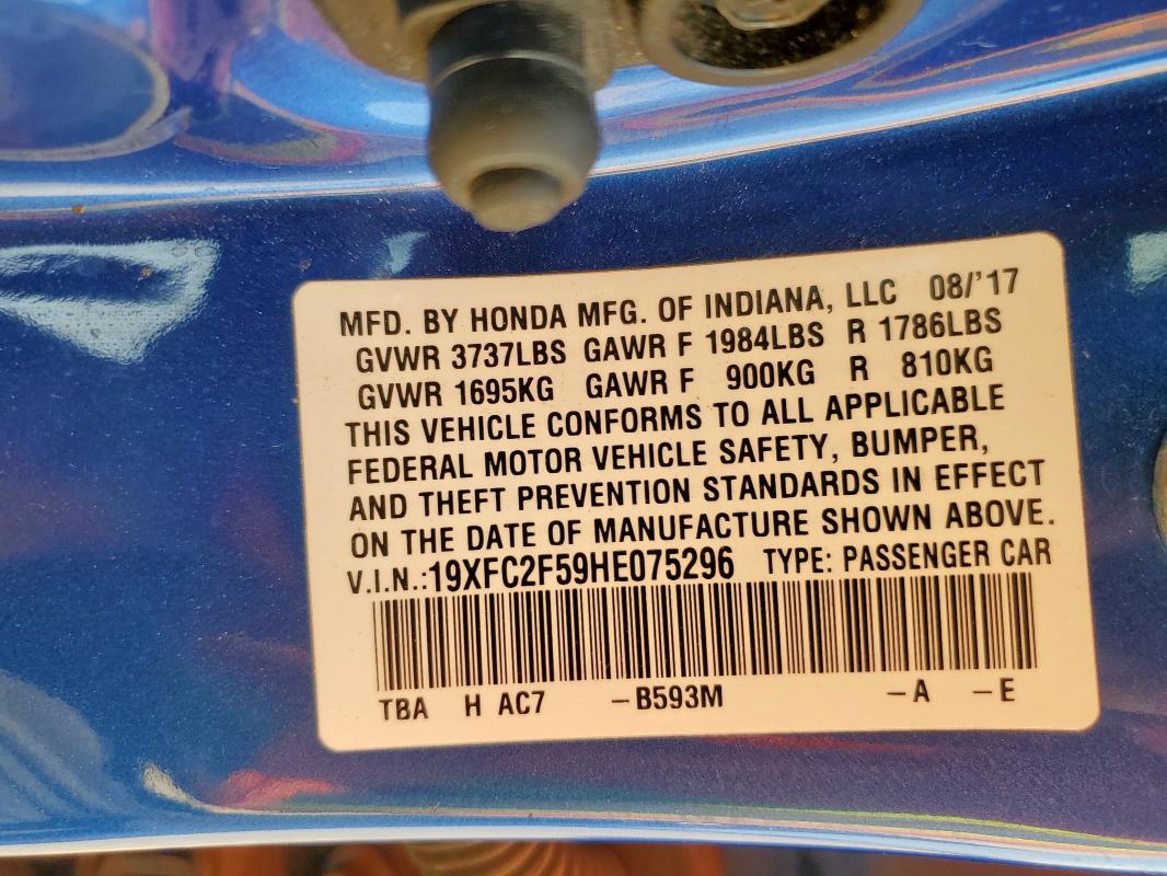 19XFC2F59HE075296 - 2017 HONDA CIVIC LX BLUE photo 12