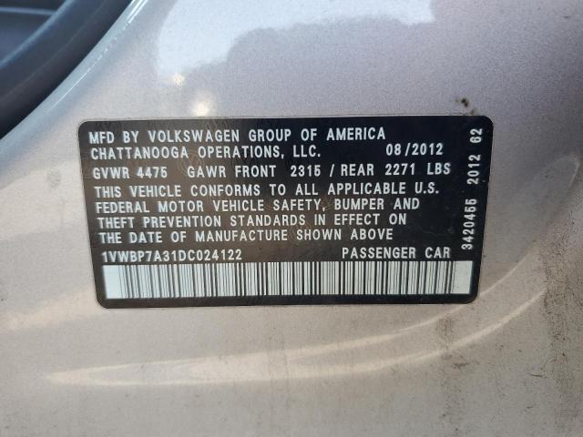 1VWBP7A31DC024122 - 2013 VOLKSWAGEN PASSAT SE ვერცხლისფერი ფოტო 12