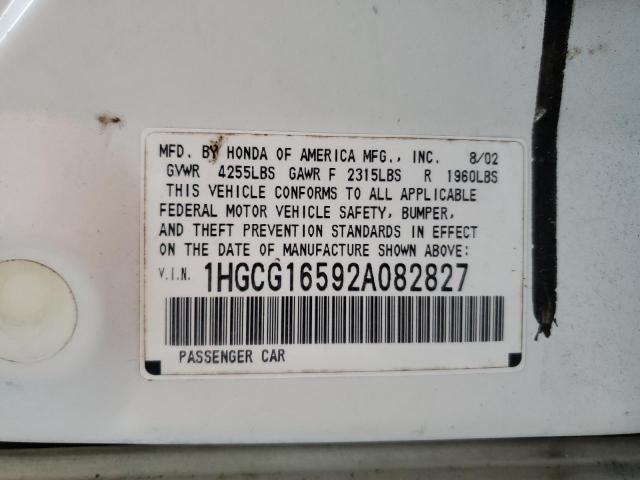1HGCG16592A082827 - 2002 HONDA ACCORD EX თეთრი ფოტო 12