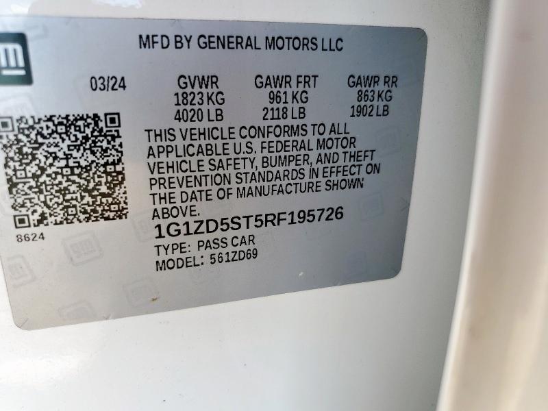 1G1ZD5ST5RF195726 - 2024 CHEVROLET MALIBU LT 白色 照片 12