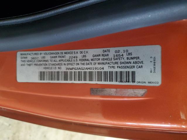 3VWPG3AG2AM019104 - 2010 VOLKSWAGEN NEW BEETLE ORANGE photo 12