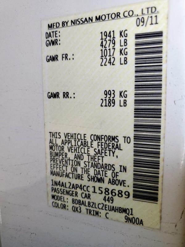 1N4AL2AP4CC158689 - 2012 NISSAN ALTIMA BASE WHITE photo 13