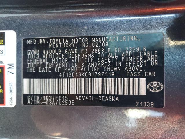 4T1BE46K09U797118 - 2009 TOYOTA CAMRY 4D 2 BASE GRAY photo 12