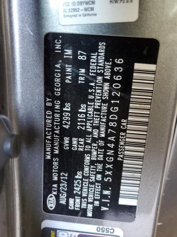 5XXGN4A78DG120636 - 2013 KIA OPTIMA EX GRAY photo 12