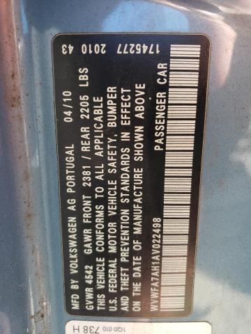 WVWFA7AH1AV022498 - 2010 VOLKSWAGEN EOS LUX 蓝色 照片 12