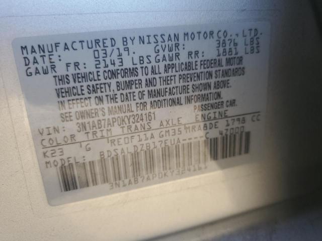 3N1AB7AP0KY324161 - 2019 NISSAN SENTRA S 银色 照片 13