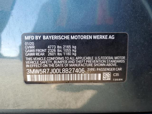 3MW5R7J00L8B27406 - 2020 BMW 330XI BLUE photo 12