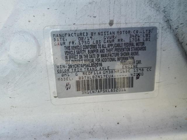 3N1CN7AP5KL852016 - 2019 NISSAN VERSA S Beyaz fotoğraf 12