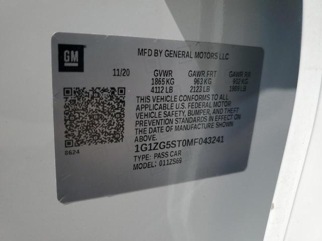 1G1ZG5ST0MF043241 - 2021 CHEVROLET MALIBU RS WHITE photo 12