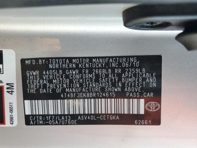 4T4BF3EK8BR124615 - 2011 TOYOTA CAMRY BASE SILVER photo 12