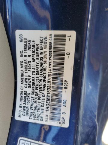 1HGEM21533L070614 - 2003 HONDA CIVIC LX BLUE photo 12