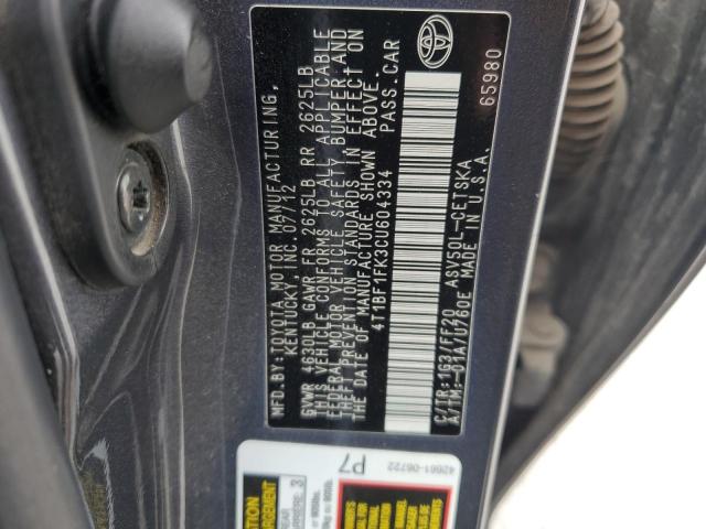 4T1BF1FK3CU604334 - 2012 TOYOTA CAMRY BASE GRAY photo 12