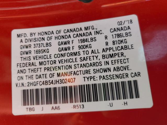2HGFC4B54JH302407 - 2018 HONDA CIVIC LX Qırmızı foto 12
