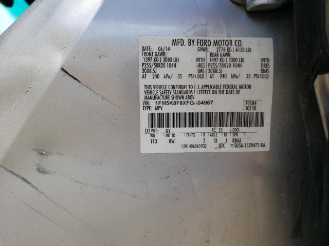 1FM5K8F8XFGA04967 - 2015 FORD EXPLORER LIMITED SILVER photo 13