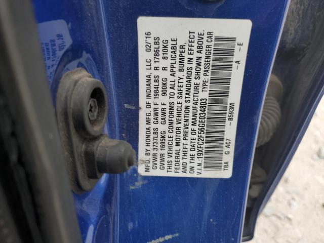 19XFC2F56GE034803 - 2016 HONDA CIVIC LX BLUE photo 12