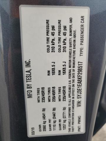 5YJ3E1EA8KF298517 - 2019 TESLA MODEL 3 GRAY photo 12
