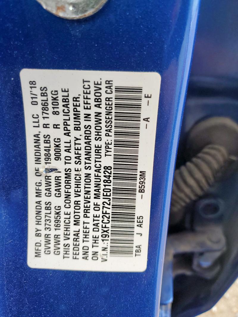 19XFC2F72JE018428 - 2018 HONDA CIVIC EX Mavi fotoğraf 12