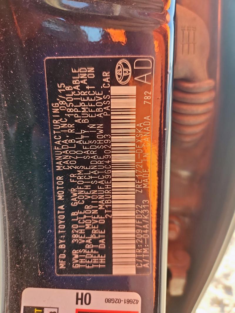 2T1BURHE9GC490293 - 2016 TOYOTA COROLLA L BLACK photo 12