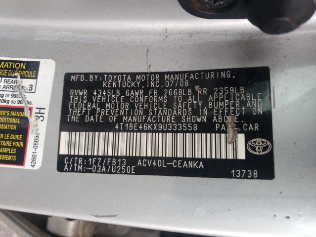 4T1BE46KX9U333558 - 2009 TOYOTA CAMRY BASE 银色 照片 12