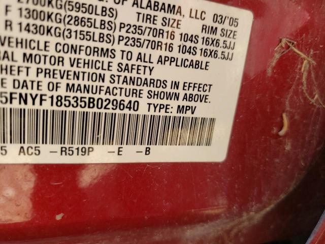 5FNYF18535B029640 - 2005 HONDA PILOT EXL RED photo 12