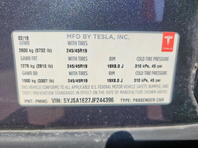 5YJSA1E27JF244396 - 2018 TESLA MODEL S Կապույտ լուսանկար 12