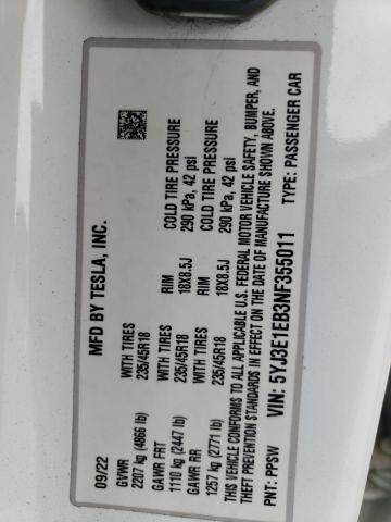5YJ3E1EB3NF355011 - 2022 TESLA MODEL 3 Ağ foto 12