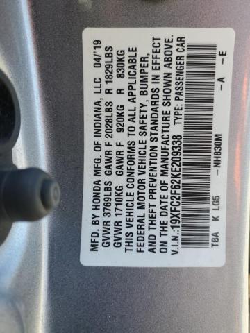 19XFC2F62KE209338 - 2019 HONDA CIVIC LX SILVER photo 12