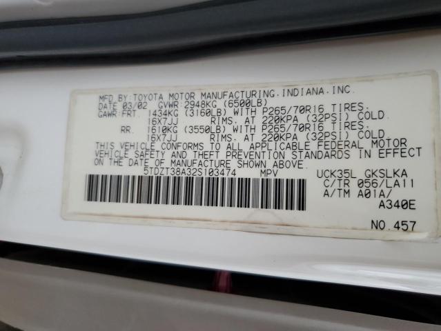 5TDZT38A32S103474 - 2002 TOYOTA SEQUOIA LIMITED WHITE photo 13