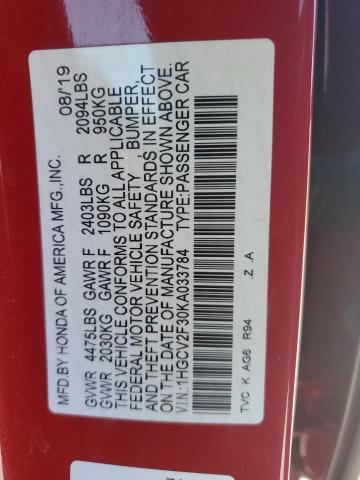 1HGCV2F30KA033784 - 2019 HONDA ACCORD SPORT Rouge photo 12