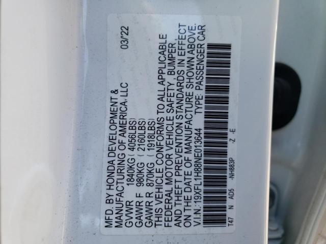 19XFL1H88NE013644 - 2022 HONDA CIVIC SPORT TOURING WHITE photo 12