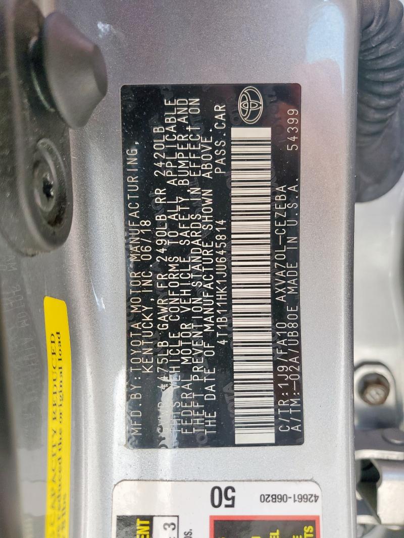 4T1B11HK1JU645814 - 2018 TOYOTA CAMRY L SILVER photo 13